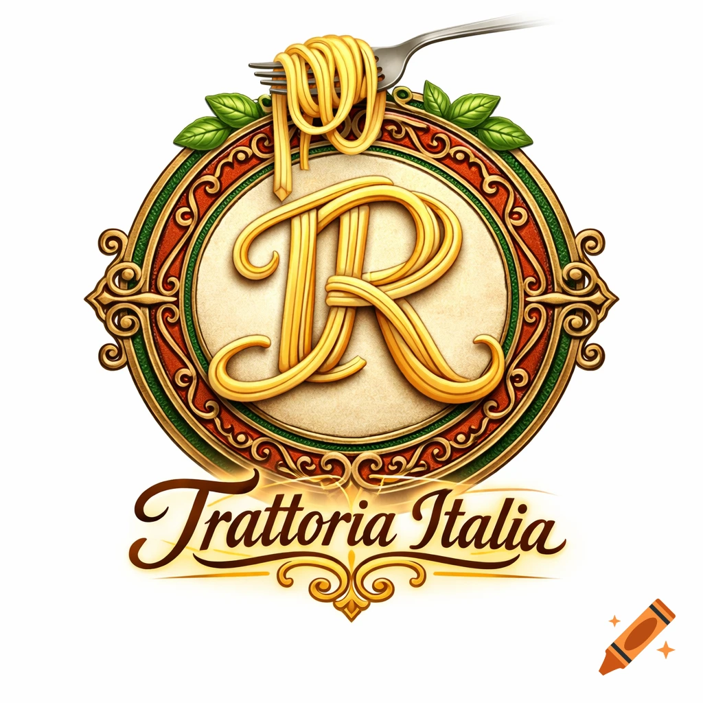 An ornate gold and red logo for 'Trattoria Italia' with stylized pasta letters 'TR' inside a circular emblem, topped by a fork holding spaghetti.