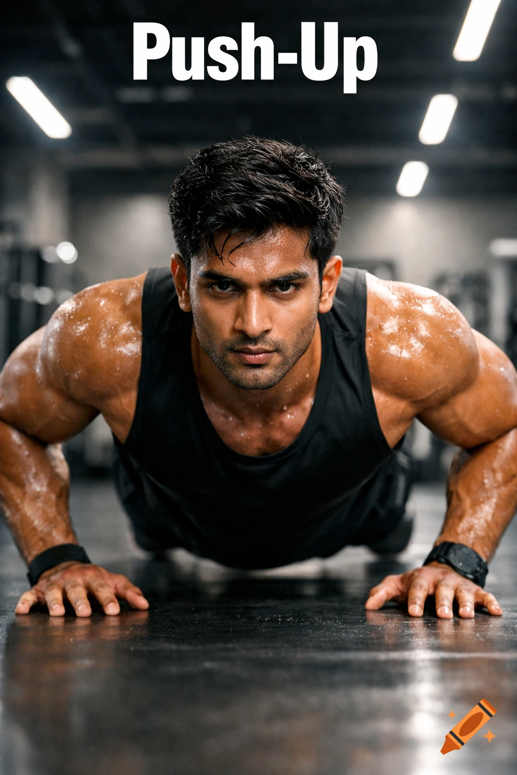 Photorealistic image of a sweaty, muscular Indian man doing a push-up on a gym floor, with 'Push-Up' text overhead.