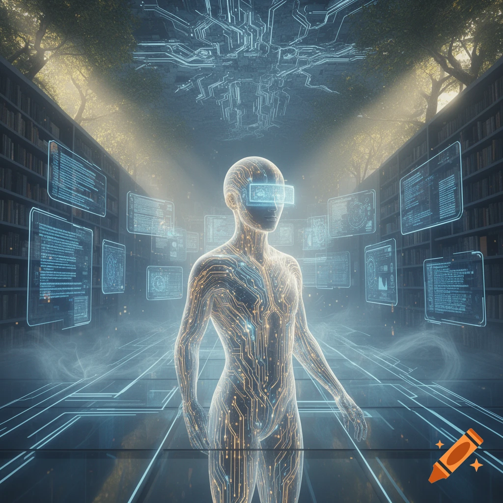 Translucent humanoid figure with glowing circuits and a VR visor, surrounded by holographic data screens in a futuristic library with trees.