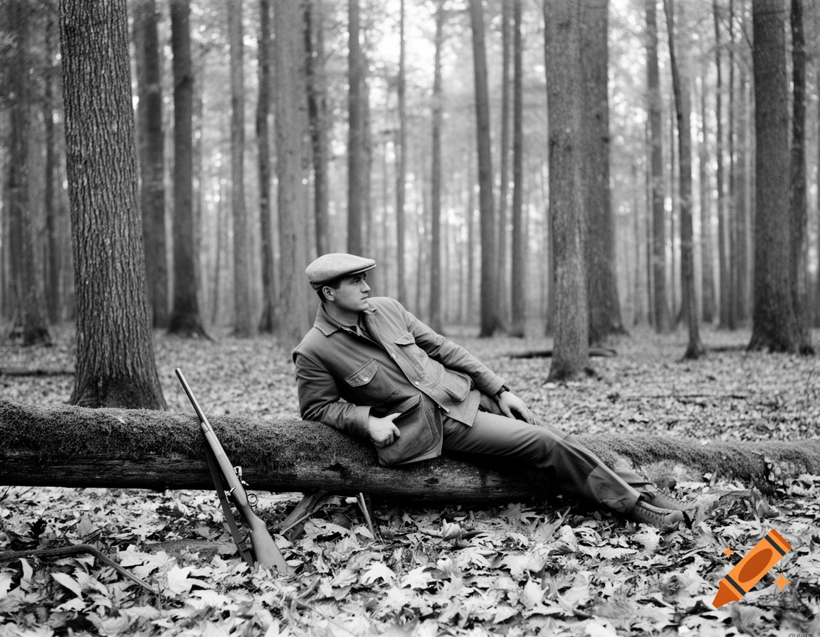 Black-and-white vintage photograph of a hunter with a rifle, relaxing on a fallen log in a dense forest with autumn leaves.