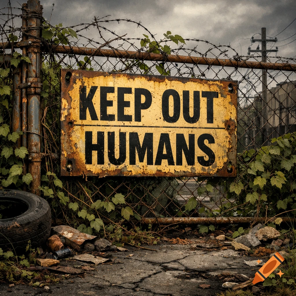 A rusty yellow 'KEEP OUT HUMANS' sign on a chain-link fence with barbed ...