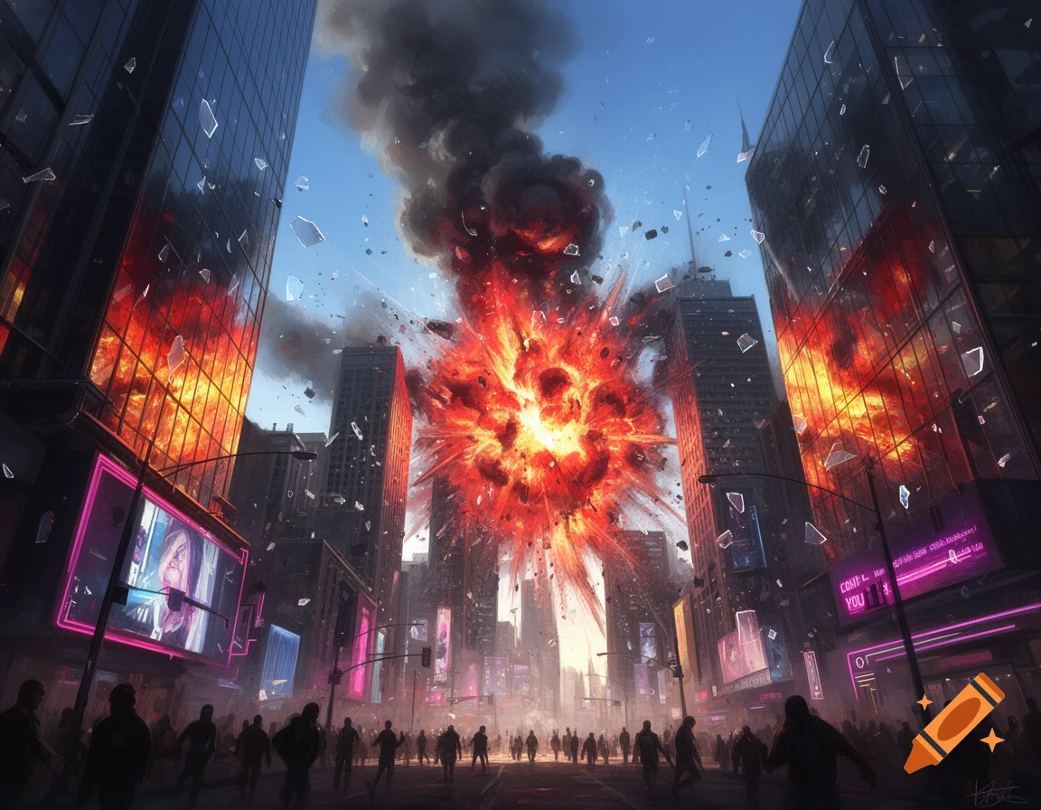 A massive explosion erupts in a bustling city street, sending debris ...