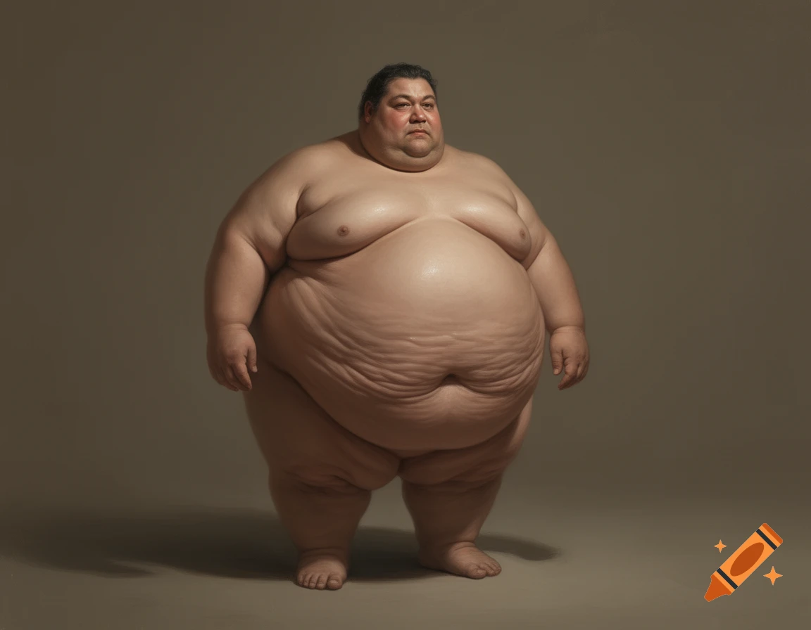 A photorealistic full-body portrait of a very obese man with a large, flabby, wrinkly stomach, standing against a plain background.