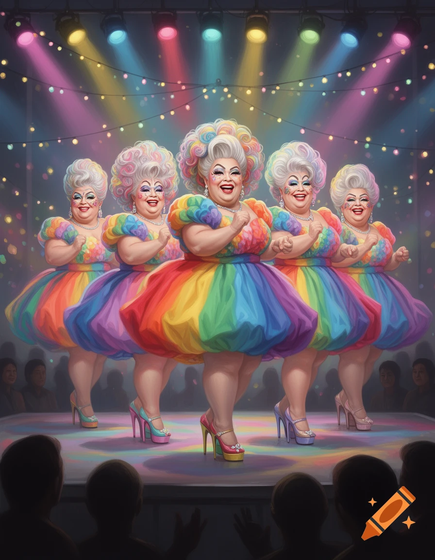 Five elderly drag queens in rainbow puff dresses, huge hair, and heavy makeup perform on a colorful stage.
