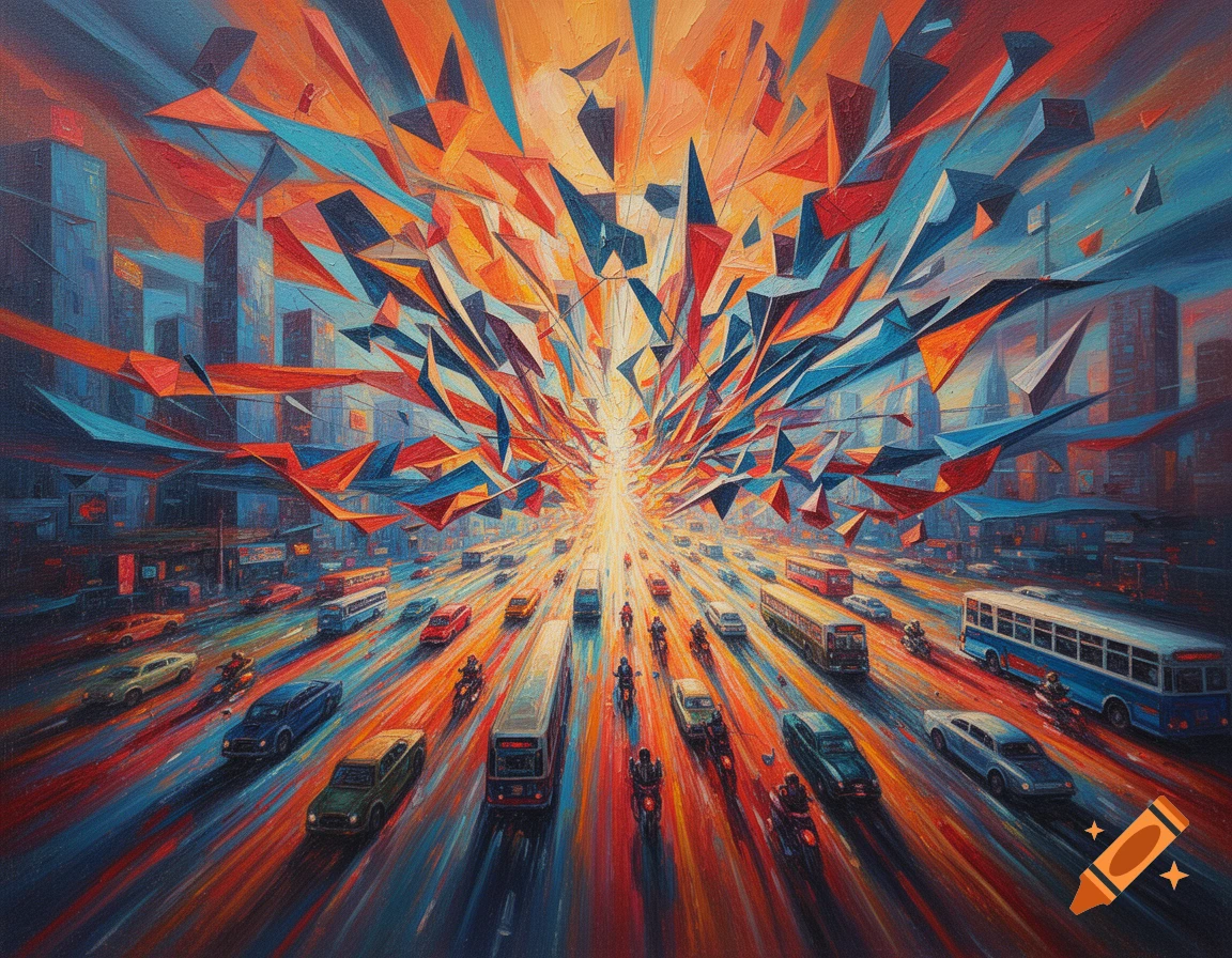 An abstract oil painting of a futuristic city street, with vehicles streaking into vibrant lines of force and geometric forms exploding upwards.