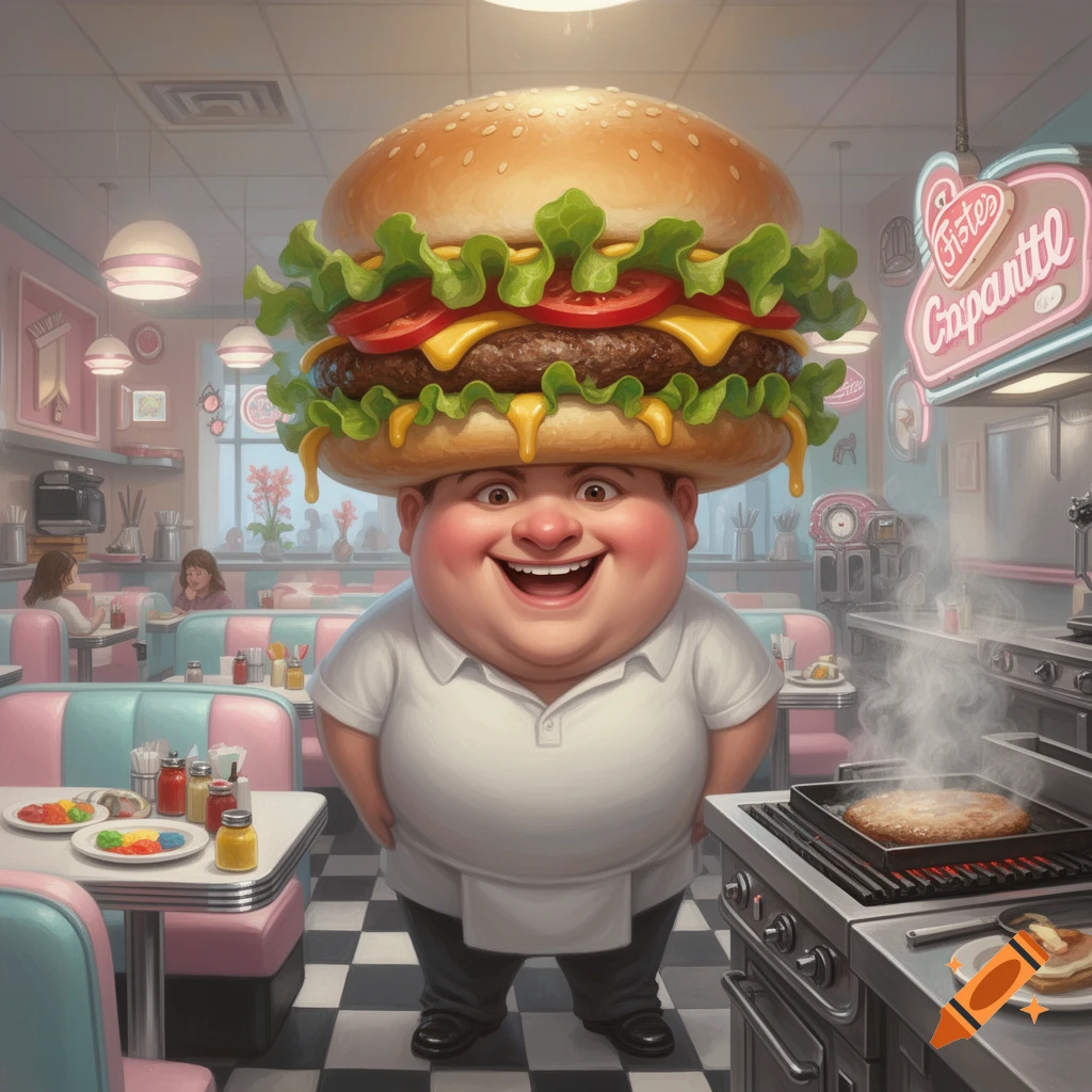 Smiling cartoon chef with a giant hamburger head in a retro diner, with a patty cooking on a grill.