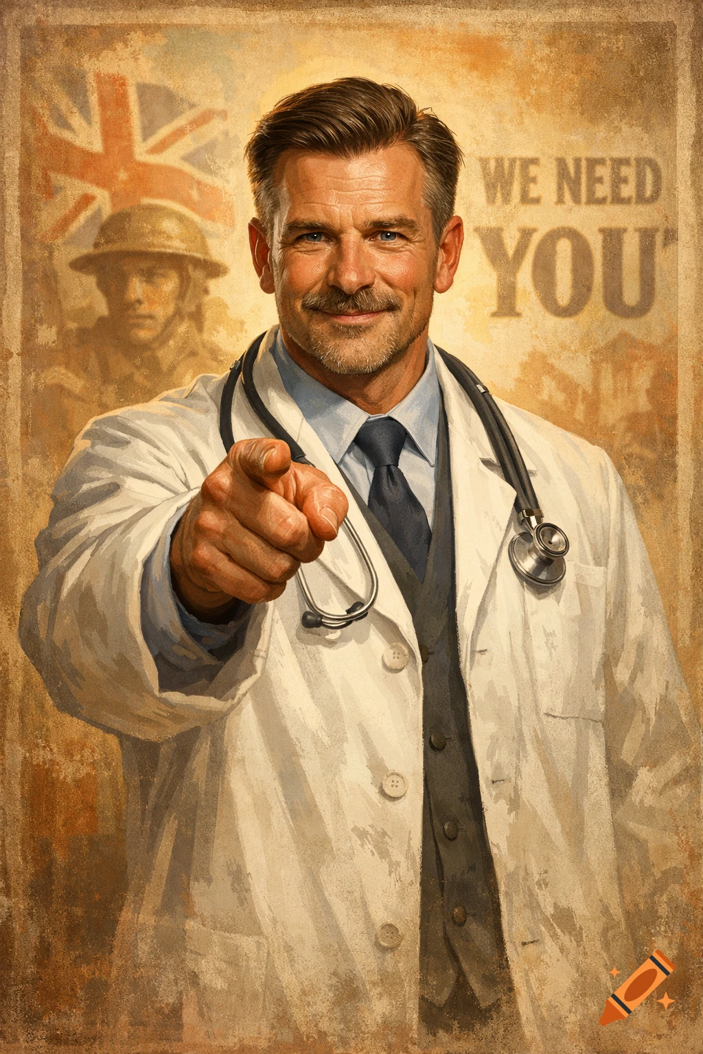 A smiling doctor in a white coat points, with 'WE NEED YOU' text and a faint soldier/Union Jack in vintage poster style.