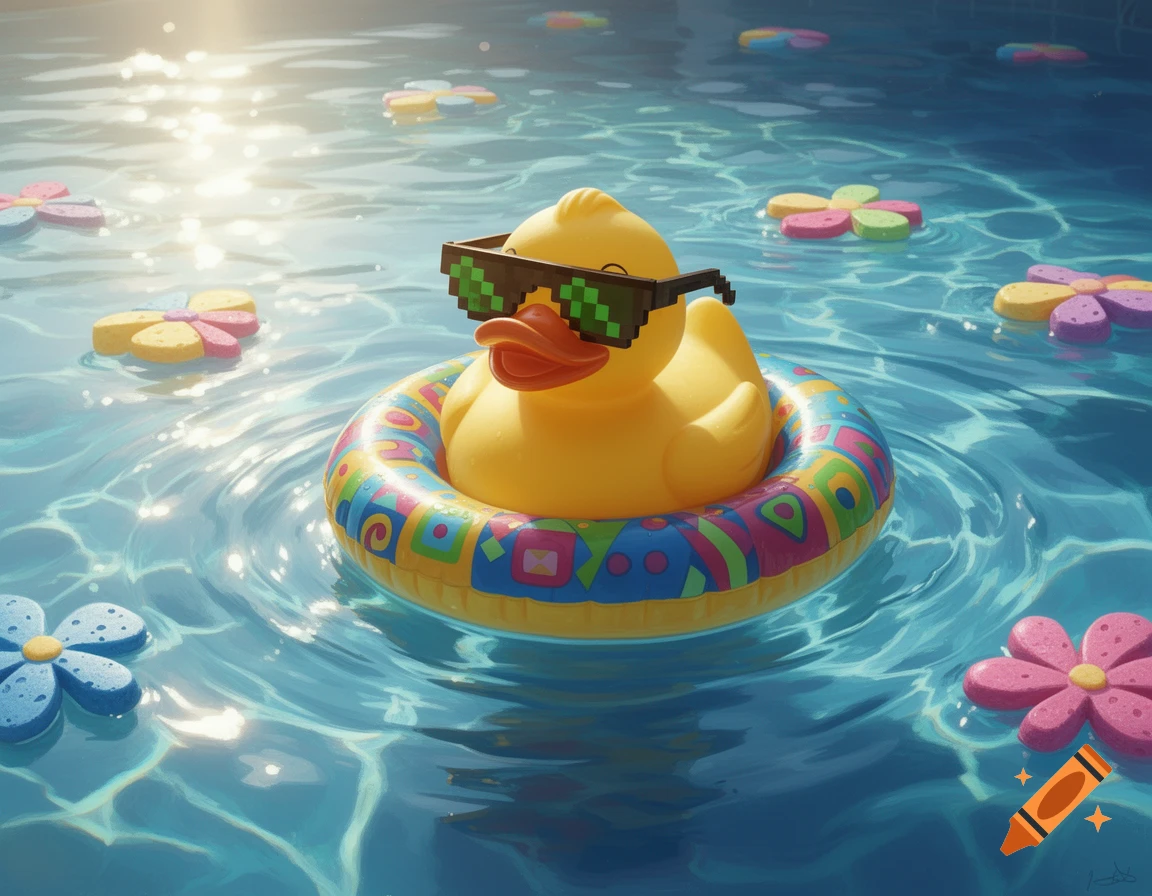 A rubber duck wearing pixelated sunglasses floats in a swimming pool with a colorful inner tube, surrounded by flower-shaped floats.