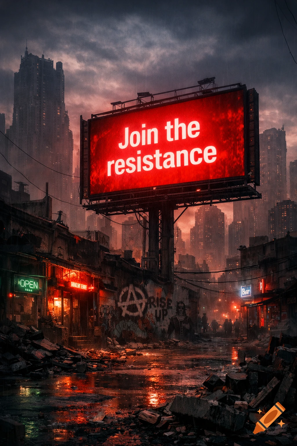 A dark, rainy, dystopian city street at night with ruins and a giant red billboard glowing, displaying the text "Join the resistance" in white.