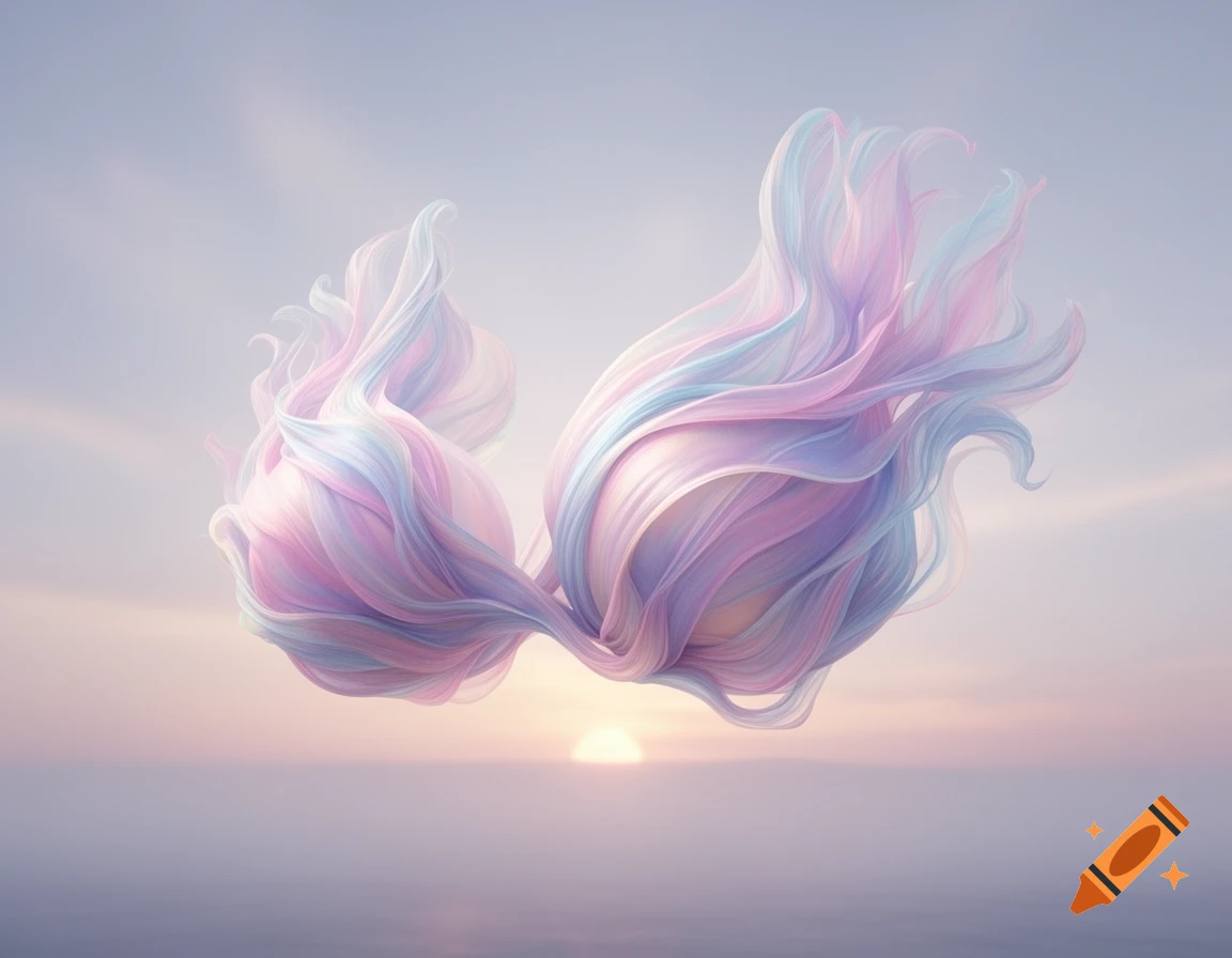 Soft pastel pink, blue, and purple flowing abstract shapes against a serene sky with a setting sun over water.