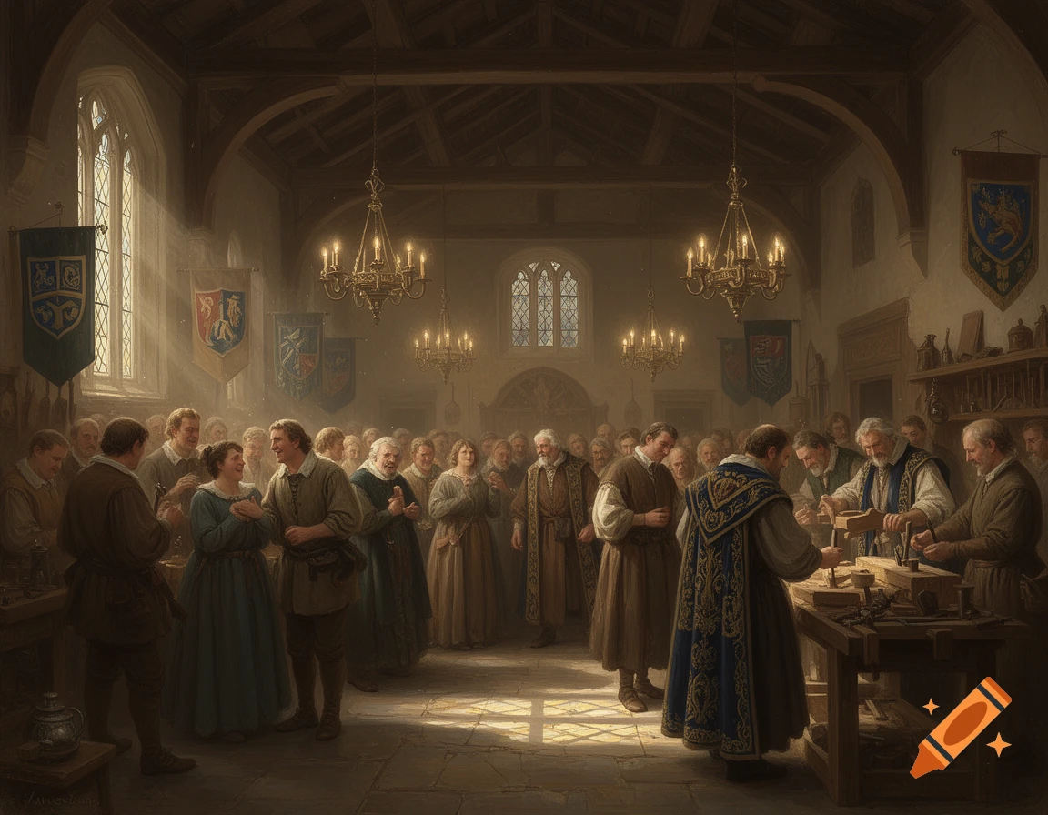 A large group of people in historical attire gather in a grand, sunlit hall, with some observing craftsmen at a workbench.
