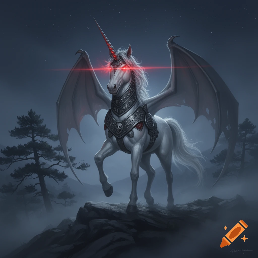 An armored winged unicorn with a red horn and glowing red laser eyes stands on a misty, rocky outcrop at night.