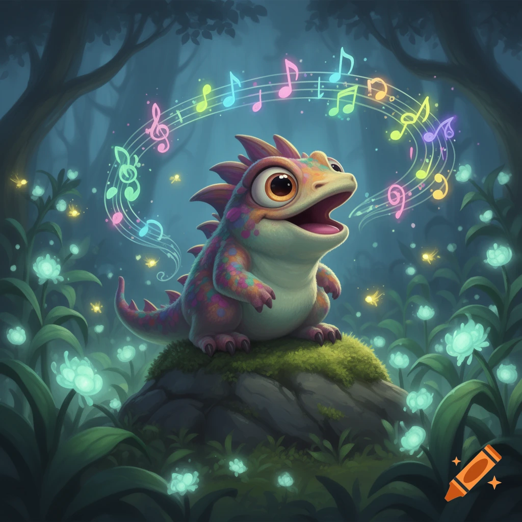 A colorful, spiky cartoon monster with big eyes sings on a mossy rock, with glowing musical notes and bioluminescent plants in a magical forest.