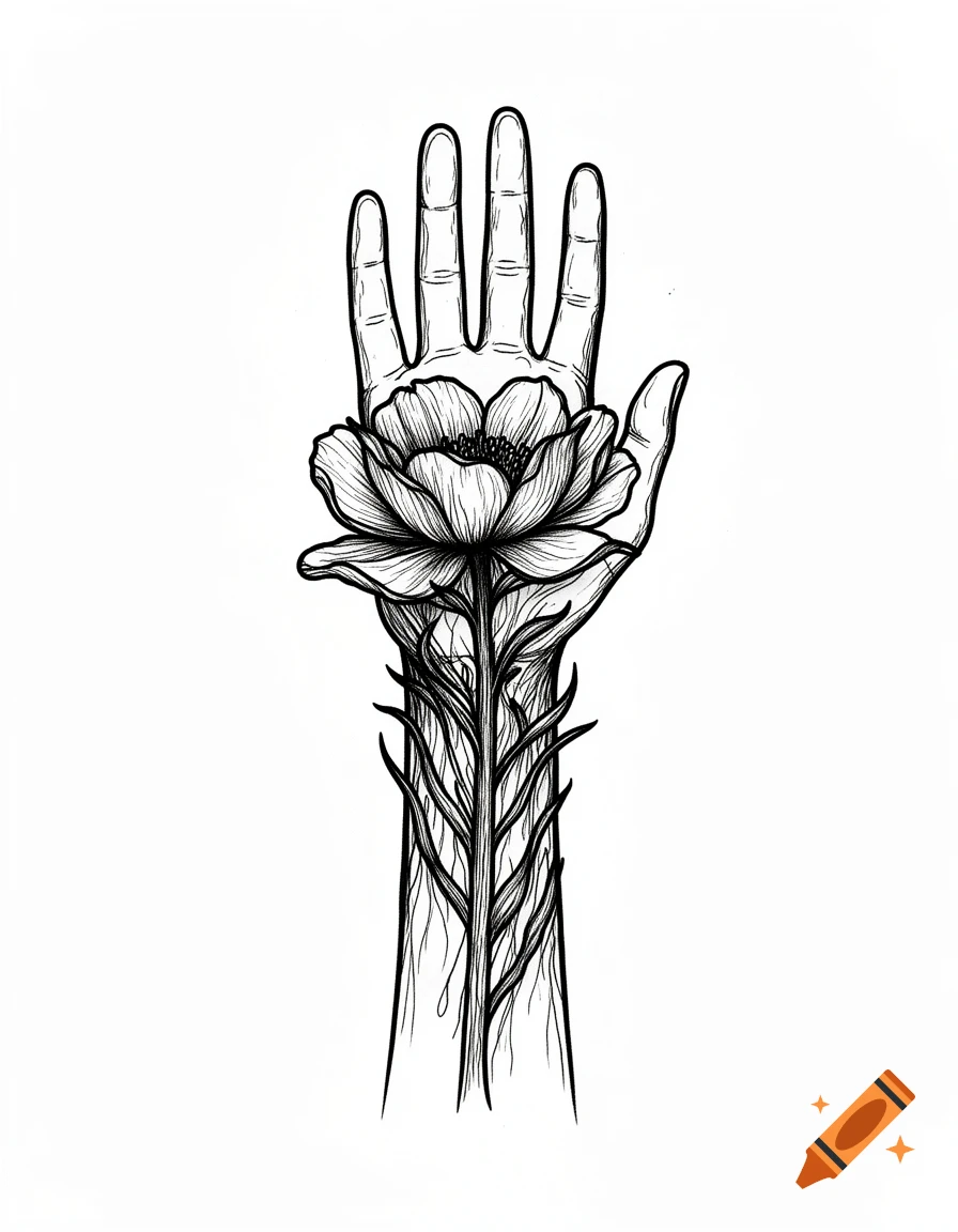 Black and white line illustration of an open human hand with a flower growing out of its wrist, extending down the arm like a plant stem.