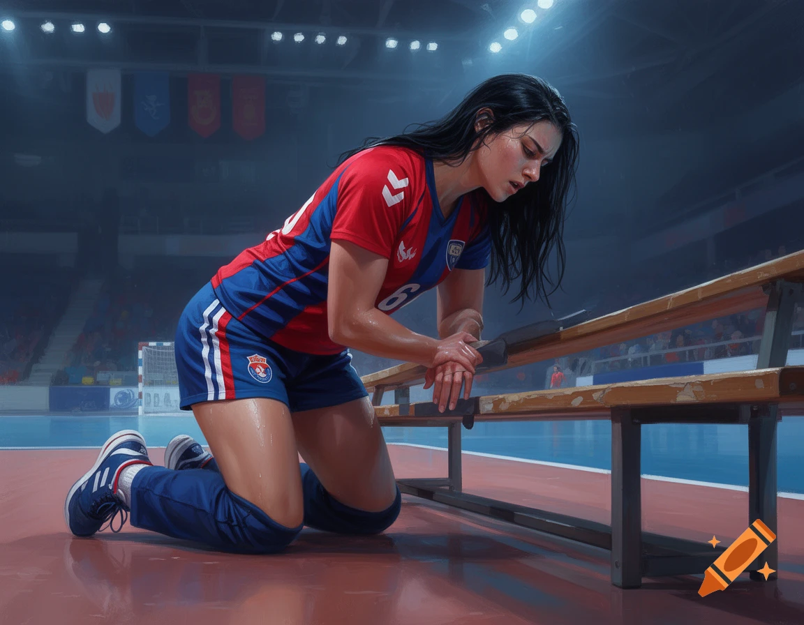 A tired female handball player in a red and blue uniform kneels on a court, resting her arms on a wooden bench.