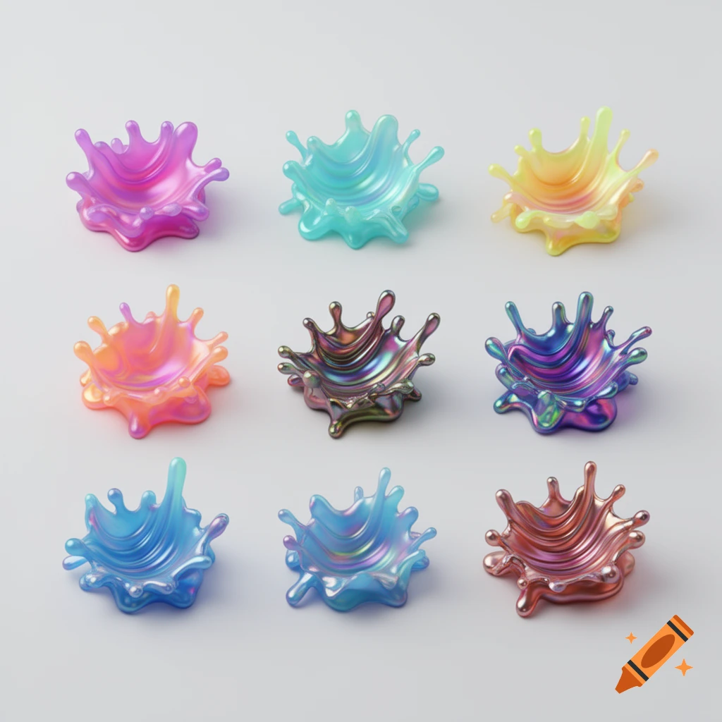 Nine colorful, iridescent, abstract splash-shaped 3D objects arranged on a white-gray background.