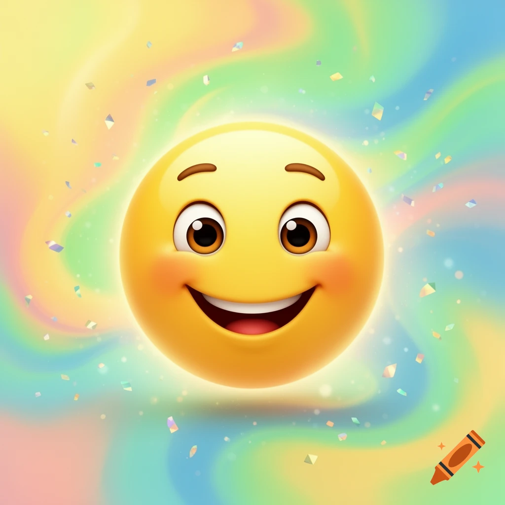 A cheerful 3D emoji with rosy cheeks smiles broadly, surrounded by a swirling rainbow background and scattered confetti.