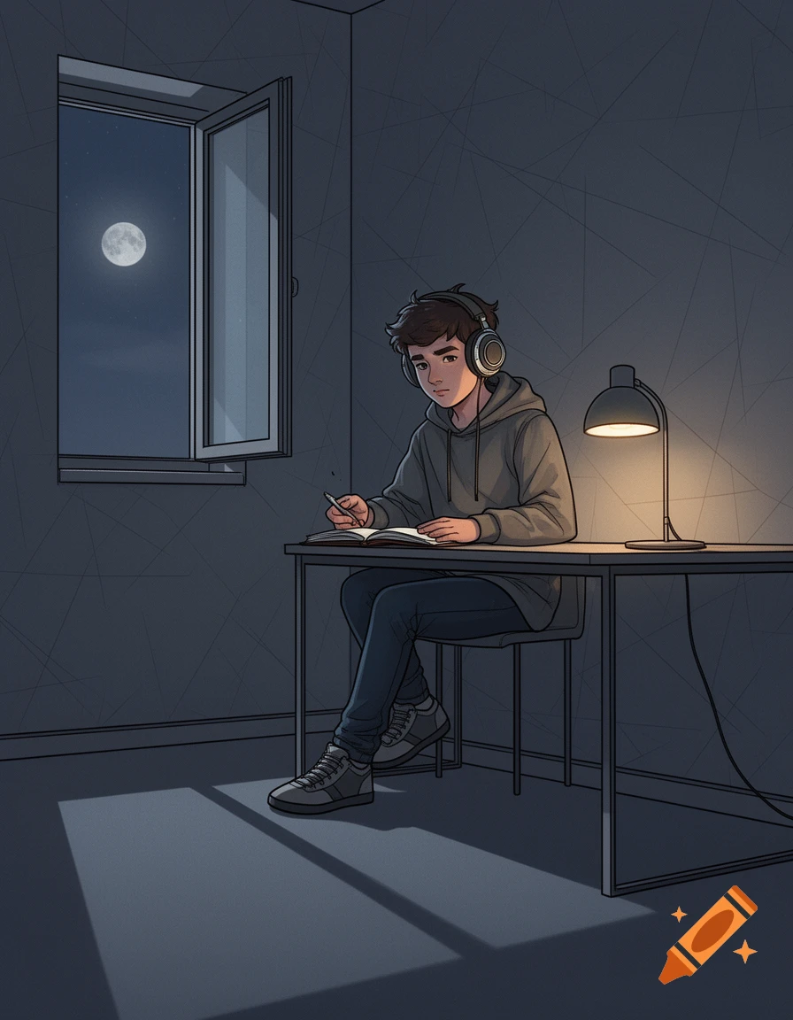 Comic book style digital art of a teenage boy with headphones writing in a notebook at a desk in a dark room at night, with a full moon visible outside the window.