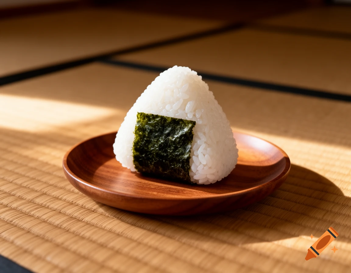 A traditional Japanese onigiri with nori seaweed, resting on a wooden plate on a tatami mat, illuminated by soft natural light.