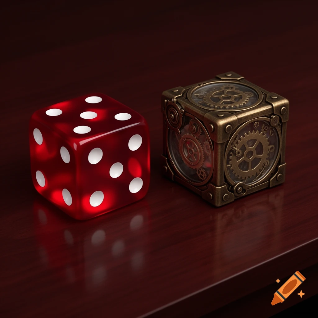 A transparent red die with white pips next to a brass steampunk die with visible gears on a dark wooden surface.
