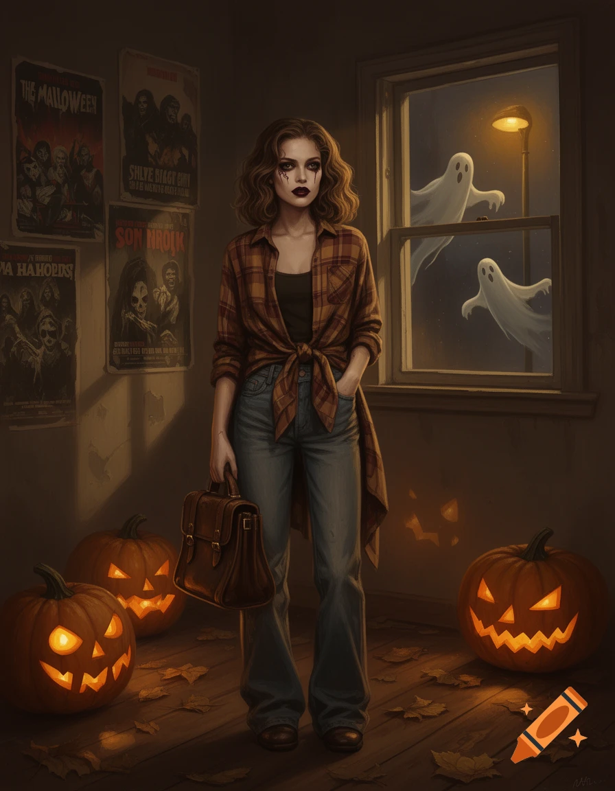 A woman in a flannel shirt and dark makeup stands in a Halloween room with glowing pumpkins and ghosts outside a window.