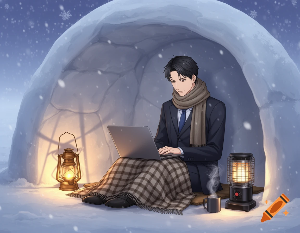 A Japanese office worker works on a laptop inside a cozy igloo with a lantern and heater, in a semi-realistic anime style.