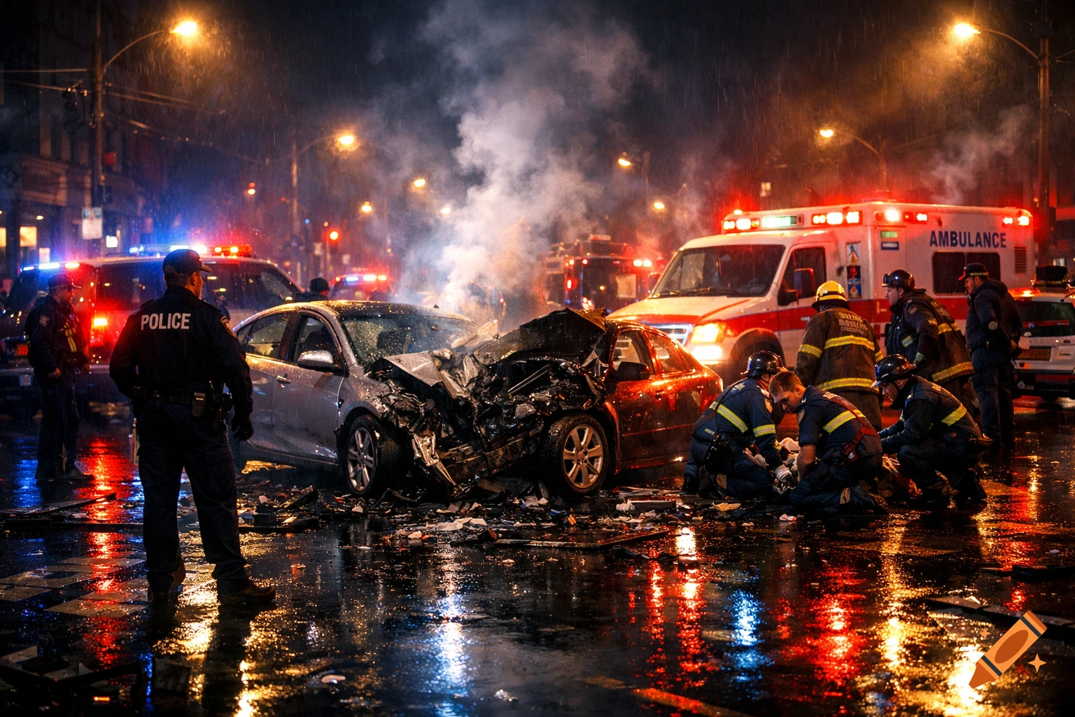 Photorealistic image of a car accident at night with police, firefighters, and paramedics on a wet, rainy street.
