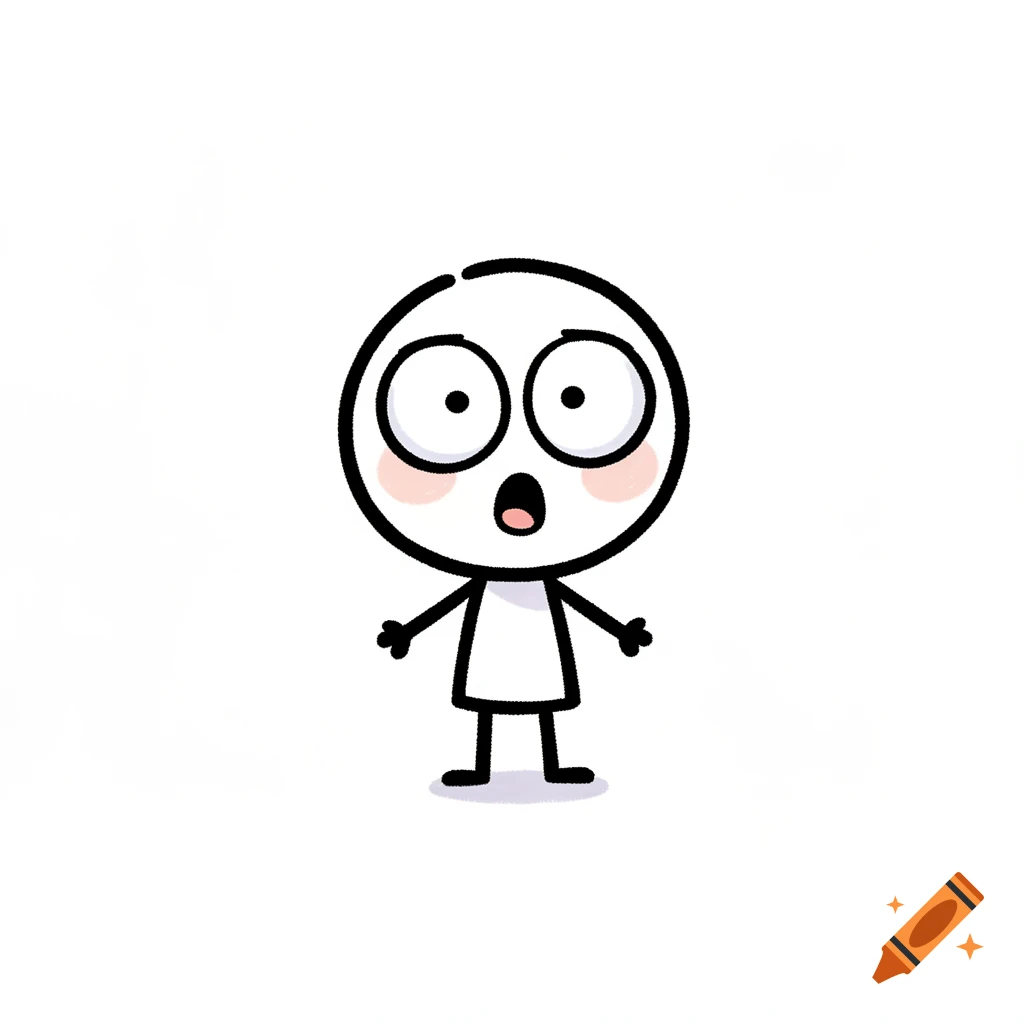 A simple doodle cartoon character with big eyes, blush marks, and a shocked expression, on a white background.