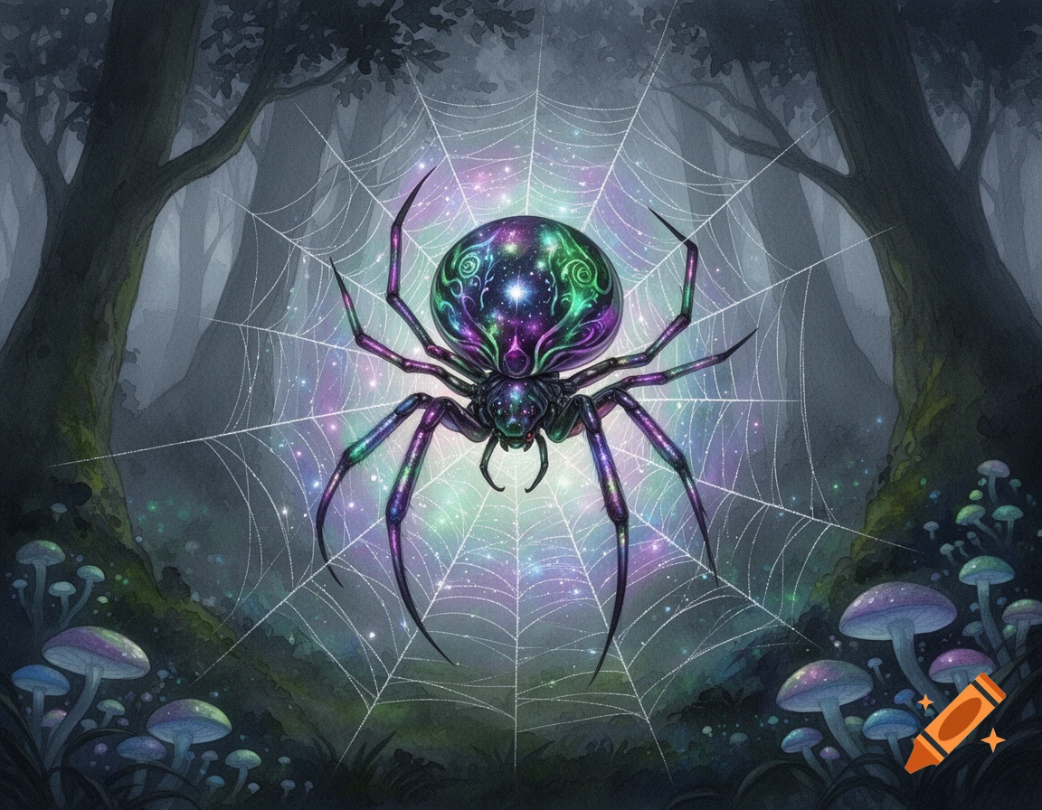 A vibrant, cosmic spider with a galaxy-like body sits on a glowing web in a misty watercolor forest with luminous mushrooms.