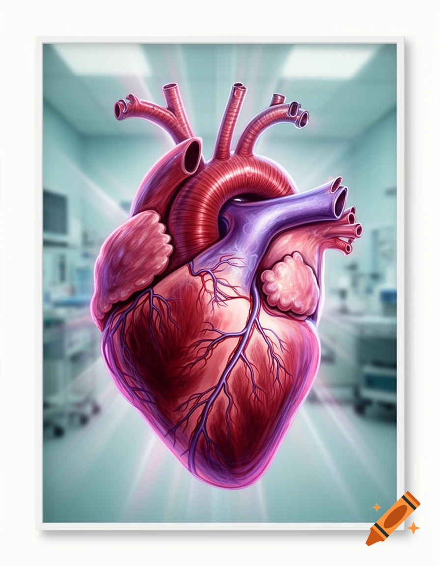 A stylized illustration of a human anatomical heart, featuring arteries and veins, set against a blurred medical facility background.
