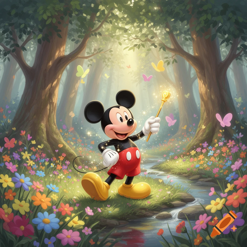 Mickey Mouse waves a magic wand in a sunny, enchanted forest filled with colorful flowers, butterflies, and a small stream, in a cartoon style.