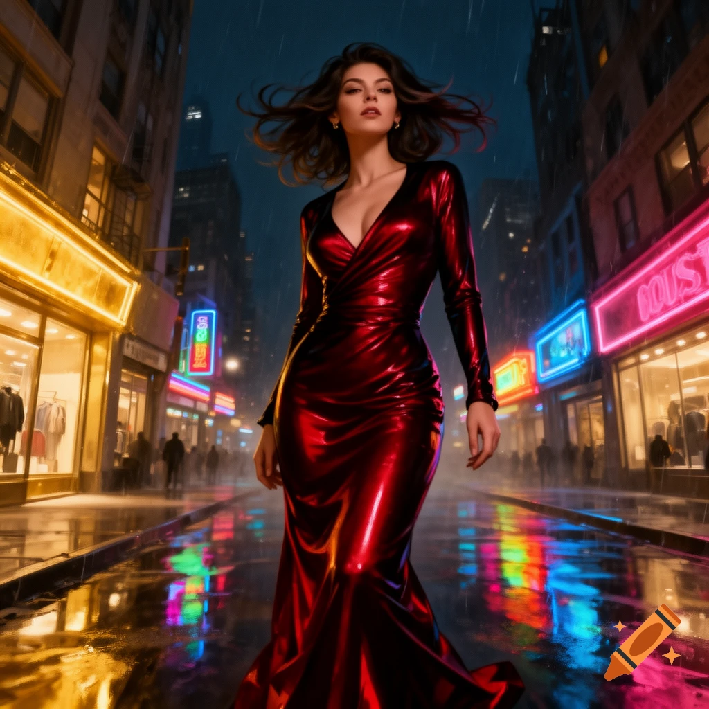 A woman in a long, shiny red dress stands confidently on a wet, neon ...