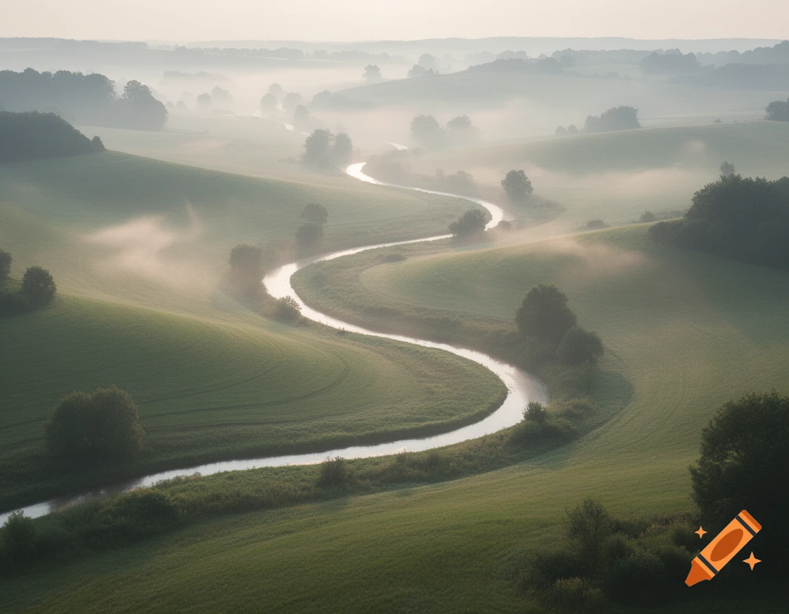 A winding river flows through misty, green rolling hills under a soft, diffused sky at dawn.