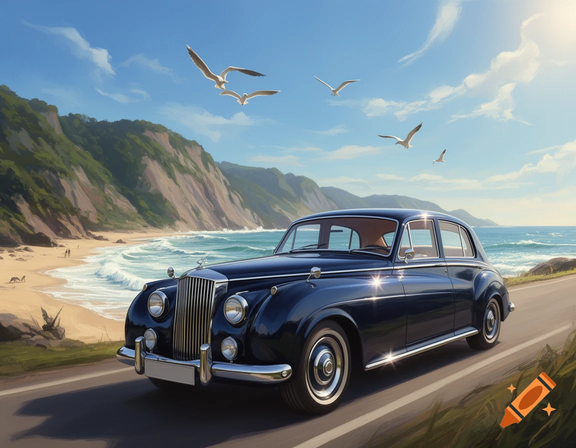 A dark blue vintage car drives along a coastal road beside a sandy beach with crashing waves, distant mountains, and seagulls in a blue sky.