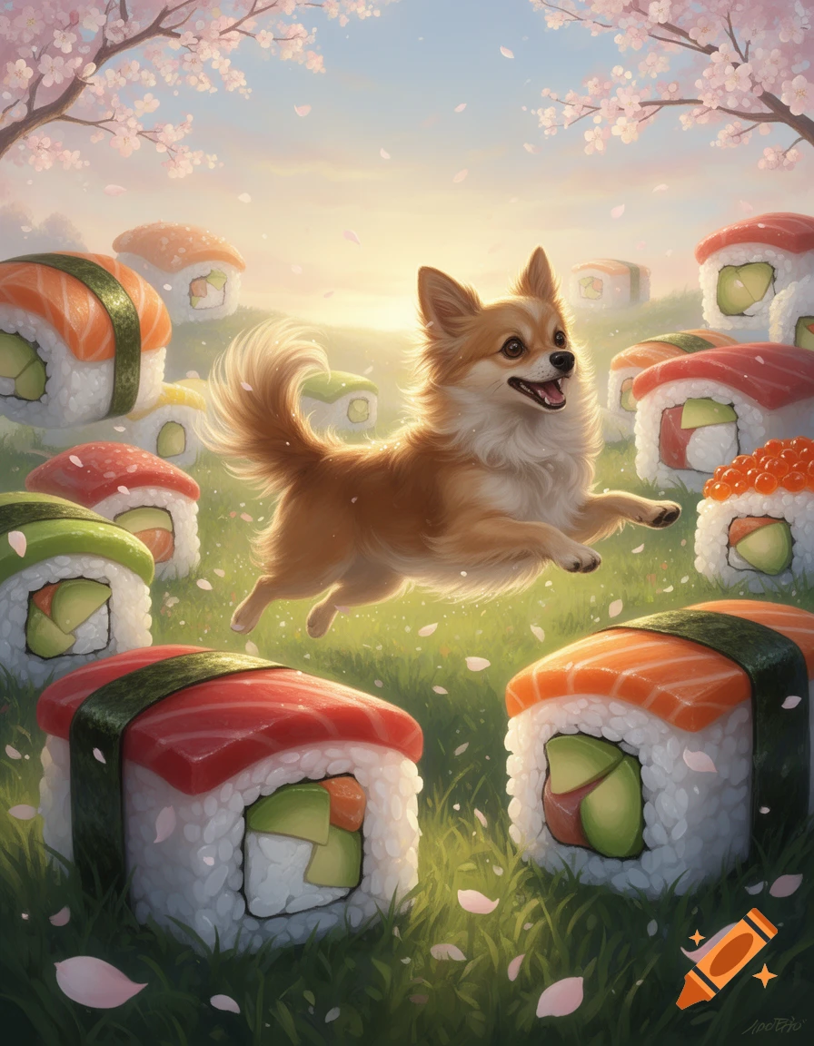A fluffy brown dog leaps joyfully through a field of giant sushi rolls and pink cherry blossoms under a soft, golden sky, in a whimsical art style.