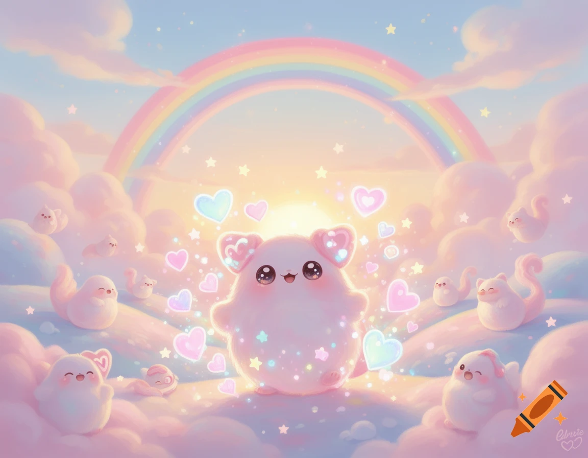 Cutecore illustration of fluffy pink creatures surrounded by glowing hearts and stars, under a rainbow and pastel clouds at sunset.