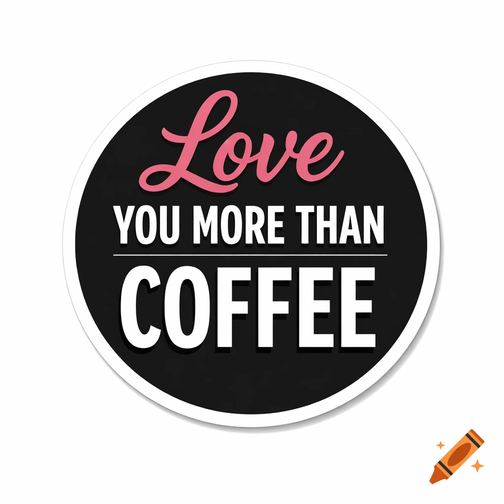 Circular black sticker with 'Love YOU MORE THAN COFFEE' in pink script and white sans-serif text, featuring a subtle drop shadow.