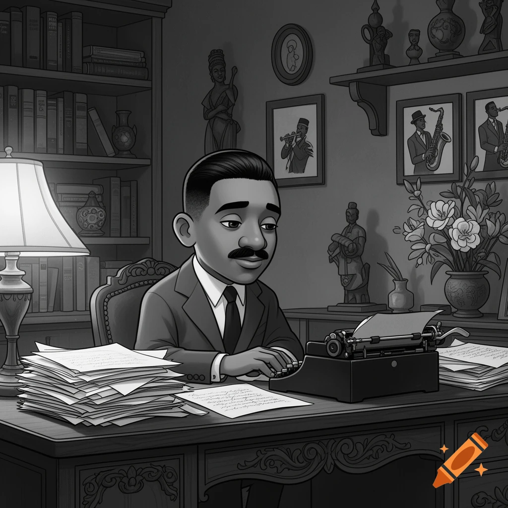 A black and white cartoon of a man with a mustache sitting at a desk, typing on a vintage typewriter. Papers are stacked around him, and bookshelves line the wall.