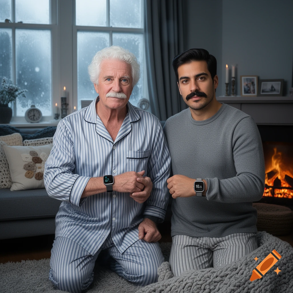 Two men, one older with white hair and pajamas, one younger with a mustache, kneel on a rug indoors, both wearing smartwatches. A fireplace burns behind them.