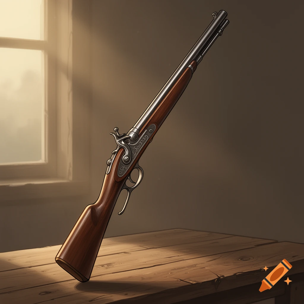 A detailed illustration of an old-fashioned rifle with a wooden stock leaning against a rustic wooden table by a sunlit window.