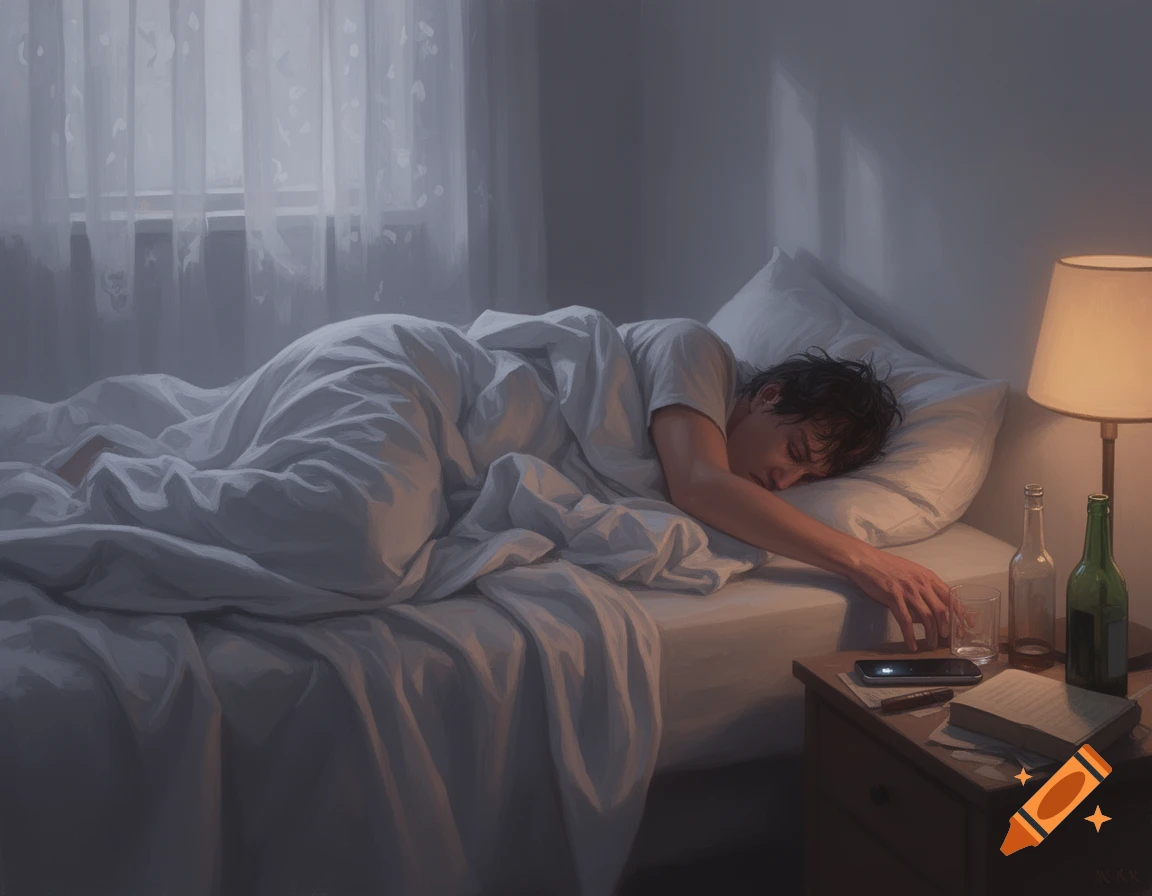 A man sleeps deeply in a dimly lit bedroom, with empty bottles and a book on the nightstand, depicted in a realistic painting.