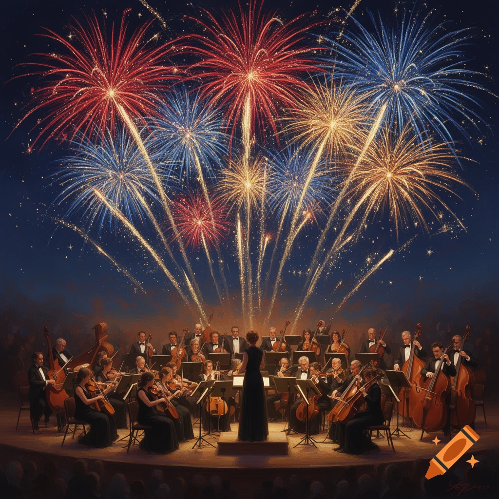 An orchestra performs on a stage under a night sky bursting with red, white, and gold fireworks in a vibrant painterly style.