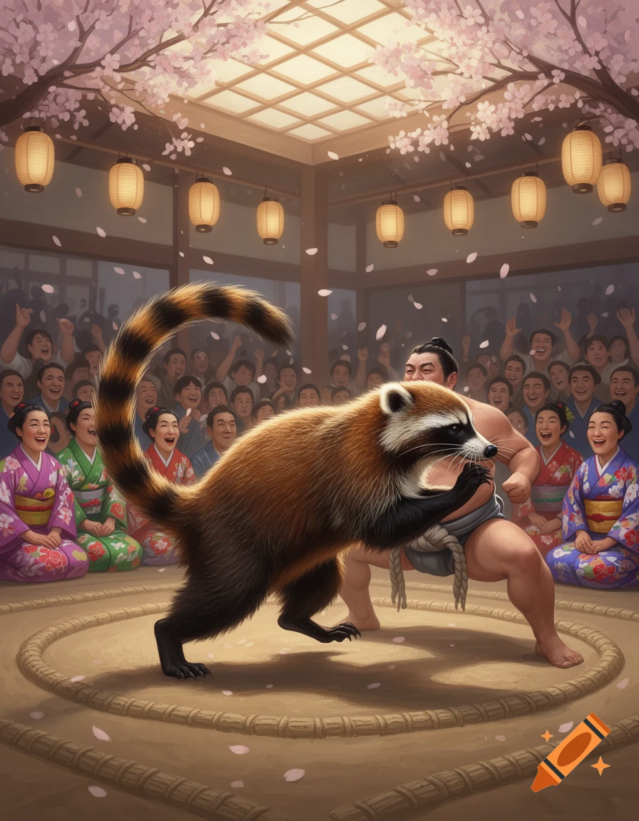 A red panda wrestles a sumo wrestler in a Japanese arena with a cheering crowd and cherry blossoms.