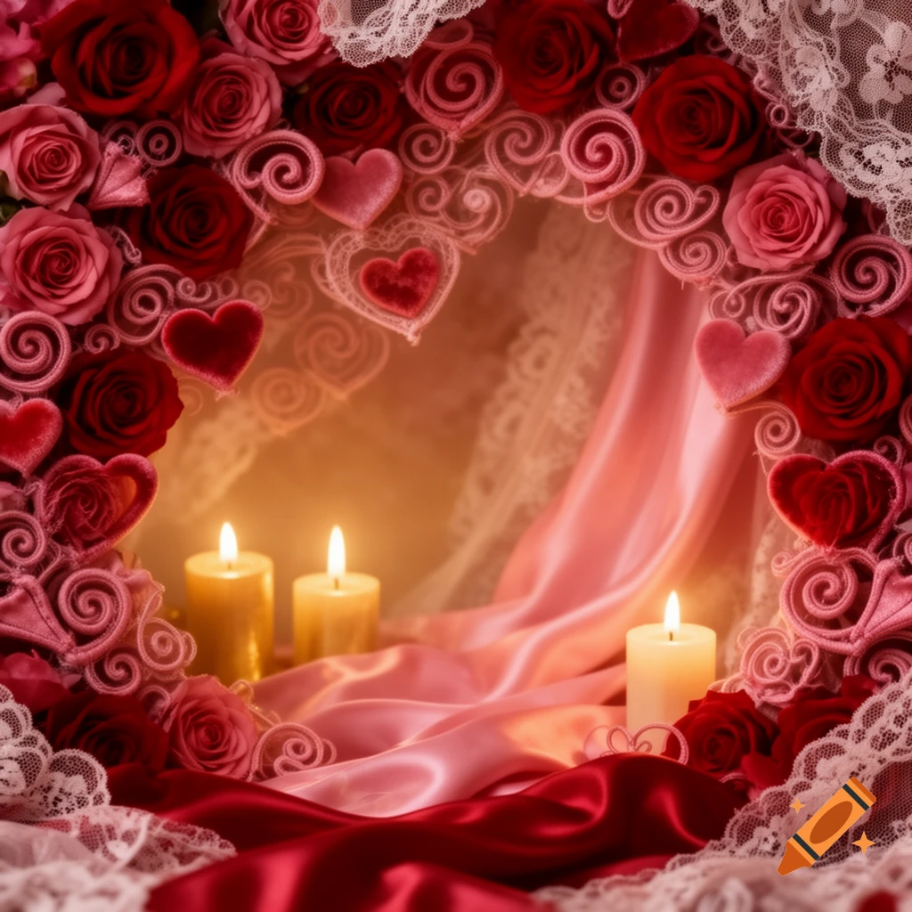 Romantic wreath of red and pink roses, velvet hearts, and lace surrounding two lit candles on red and pink satin fabric.
