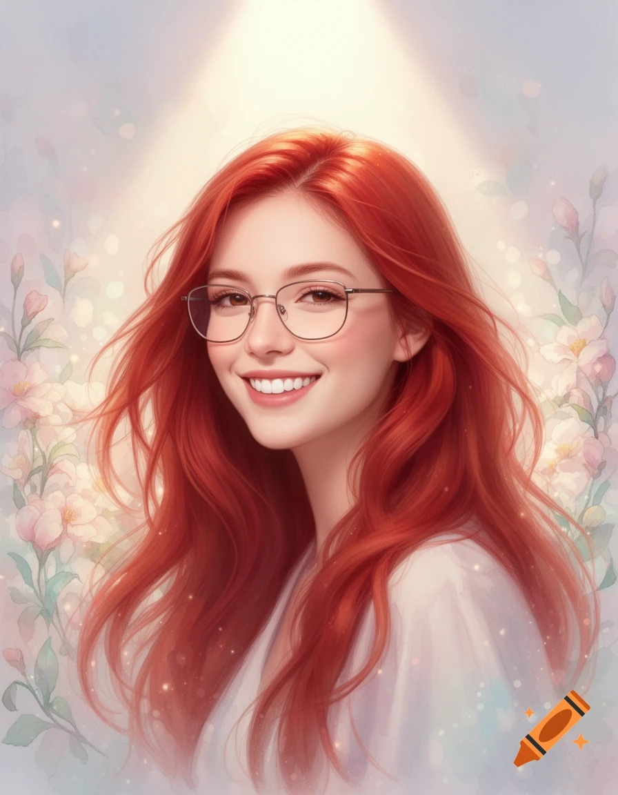 Digital illustration of a smiling woman with long red hair and glasses ...