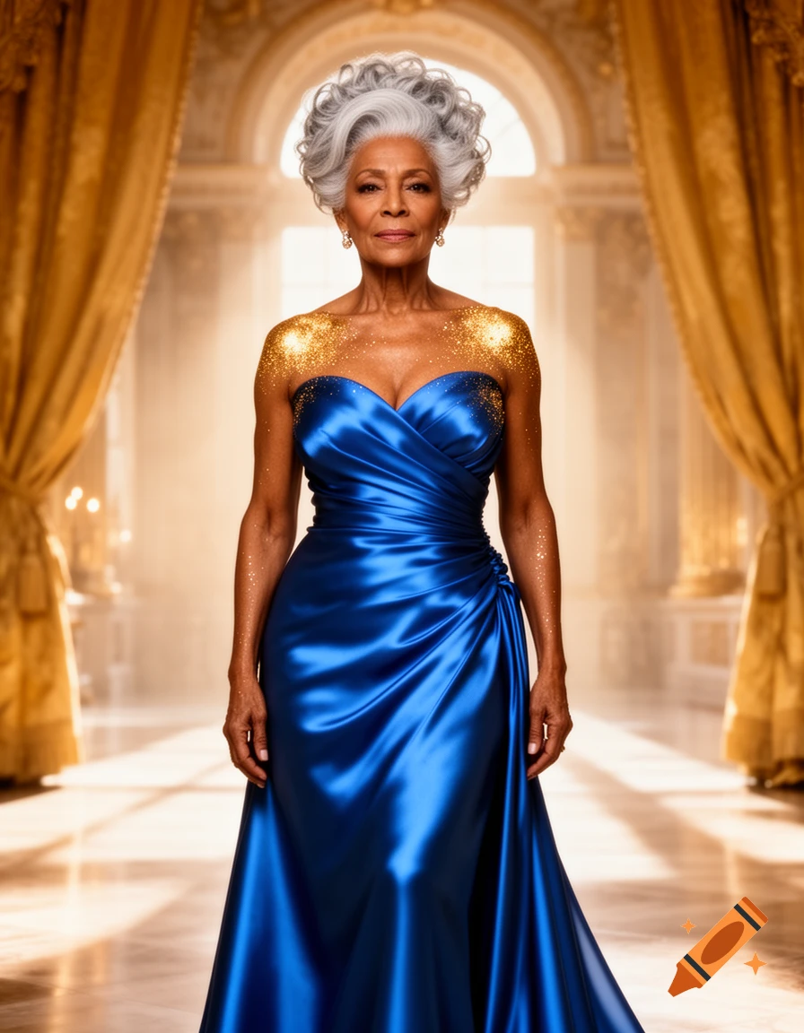 A regal older woman in a vibrant blue satin strapless dress with gilded shoulders stands in a grand golden hall.