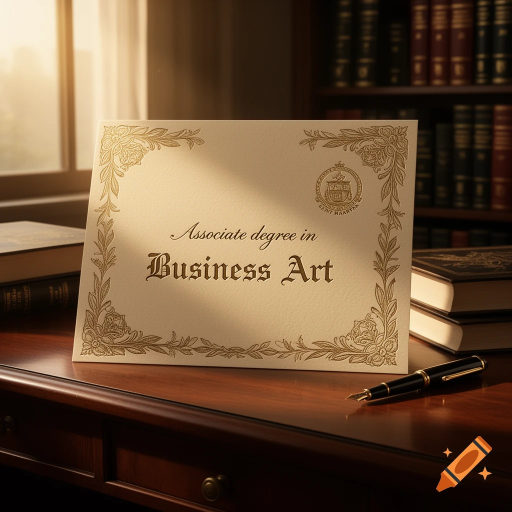 A close-up of a framed diploma for an Associate degree in Business Art, lying on a polished wooden desk next to a fountain pen. A window and bookshelves are blurred in the background, with warm sunlight illuminating the scene.