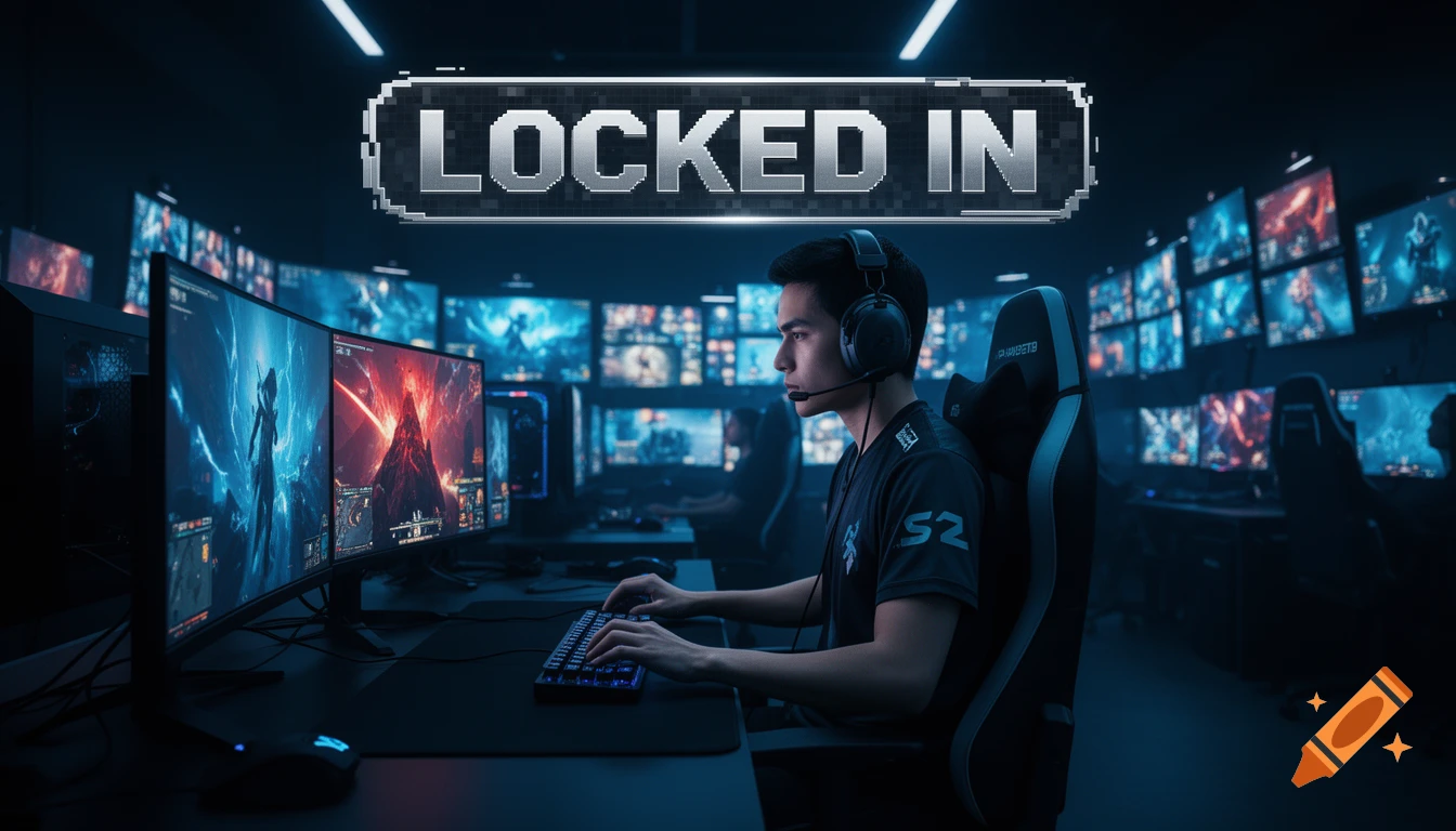 A male gamer with a headset plays at a multi-monitor setup in a dark, blue-lit room with "LOCKED IN" displayed above. Photorealistic style.