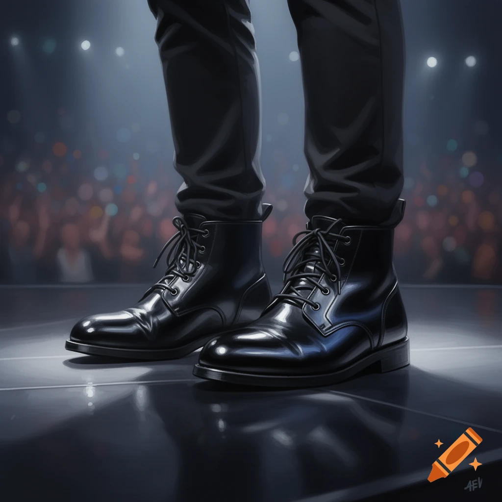 Close-up of a person's feet in shiny black lace-up boots and black pants, standing on a reflective stage with a blurry audience in the background.
