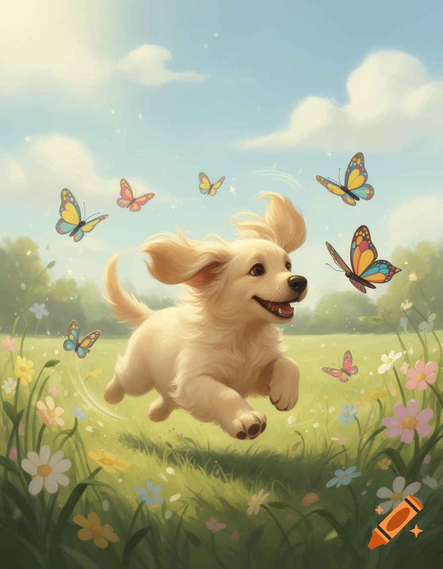 A joyful golden retriever puppy runs through a sunny green field filled with colorful flowers, surrounded by butterflies.